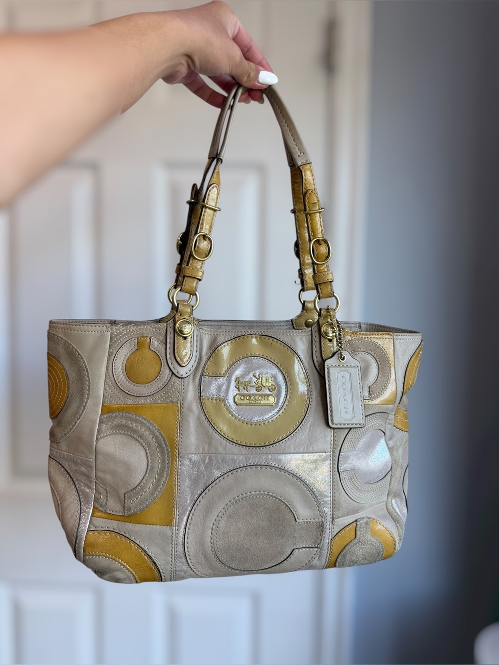 Coach Mia Inlaid C Patchwork Tote 15748 Beige Gold Suede Leather Y2K